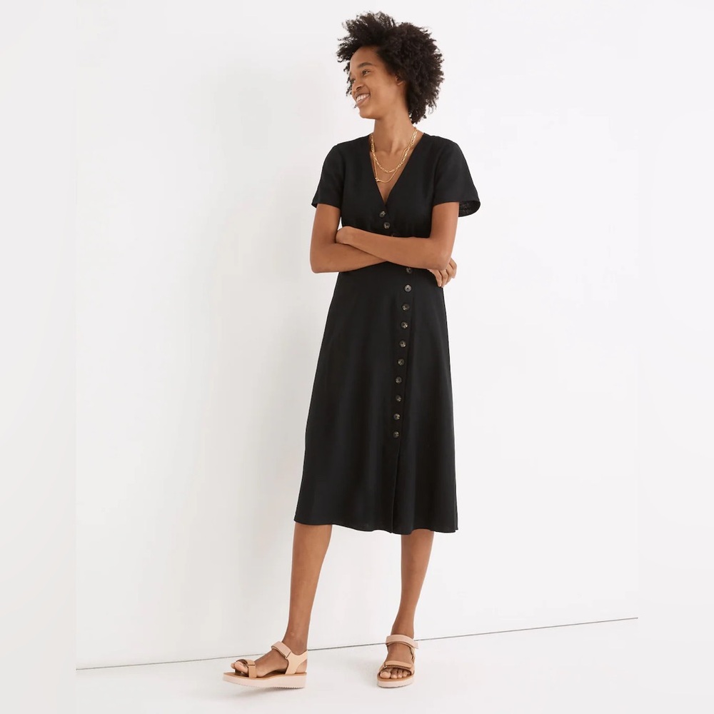 Madewell Black Linen-Blend Button-Wrap Midi Dress